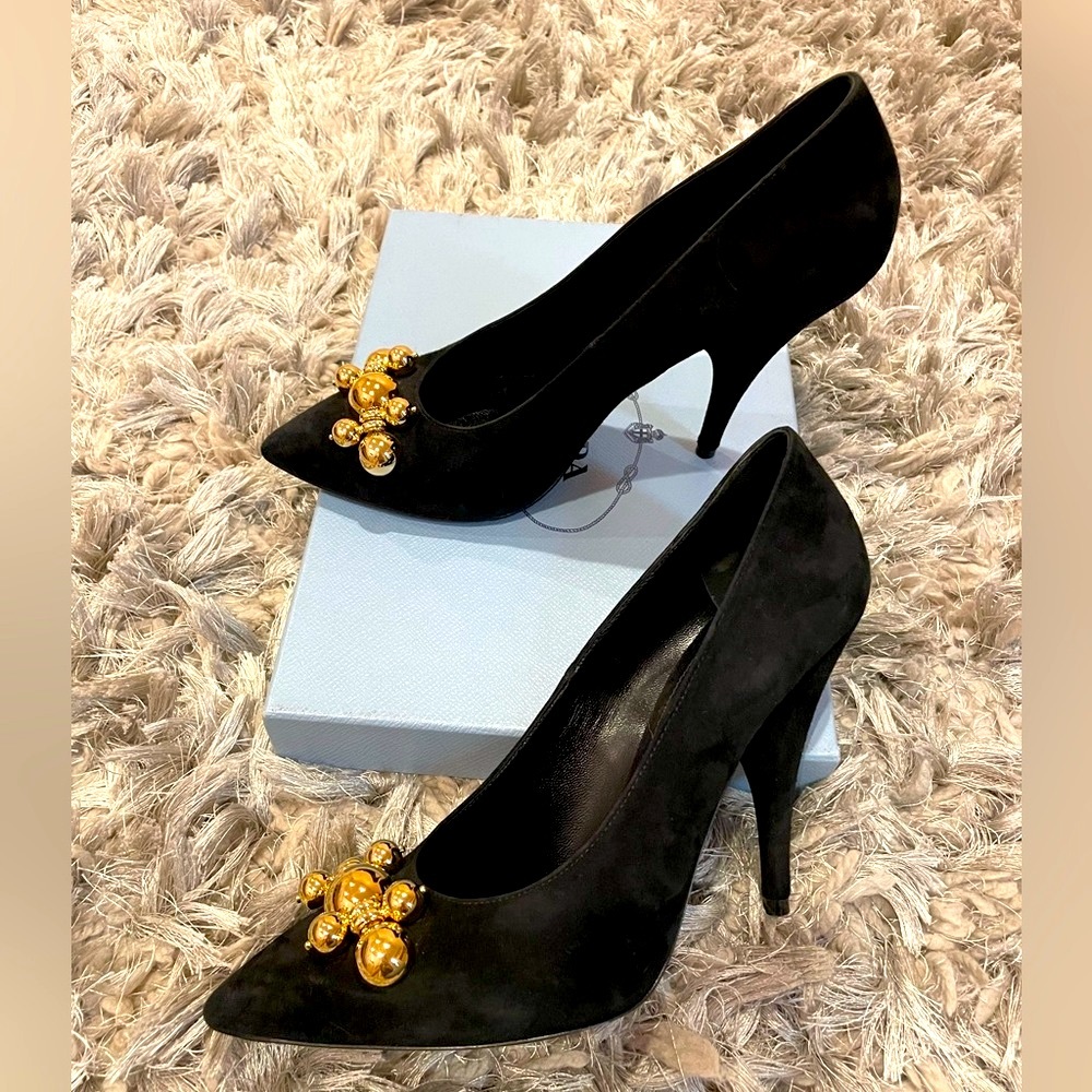 Prada Black suede 4” heel shoes with golden balls decor, size 38.5 - Picture 4 of 14